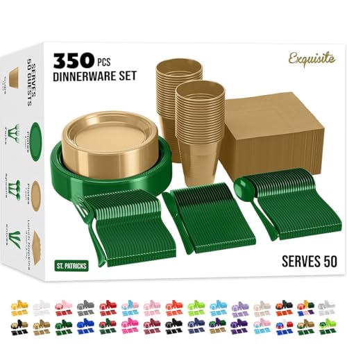 Image of Exquisite 350 Pcs St. Patricks Plastic Plates For Party St. Patricks Disposable Plates Set, 50 Of Each 9 inch Dinner Plate Set, 7 inch Dessert Plate, Cups, Napkins & Cutlery Plastic Dinnerware