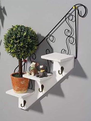 Miniatura 2 de Estantes flotantes decorativos montados en la pared de 3 niveles, estantes de pared de madera en forma de escalera, estante colgante de metal para