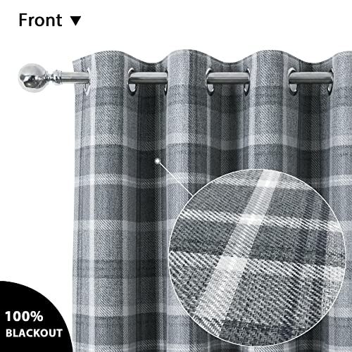 always4u Plaid Curtains for Bedroom Living Room 100% Blackout Thermal Fully Lined Woolen Look Check Drapes Grey Grommet Curtains 84 Inch Length 2 Panels Grey - Image 3