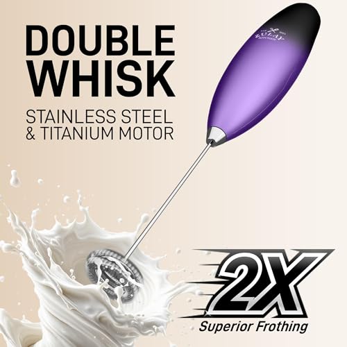 Image of Zulay Kitchen Powerful Milk Frother Wand With Duracell Batteries - Ultra Fast Handheld Drink Mixer - Electric Whisk Foam Maker for Coffee, Lattes, Cappuccino & Matcha - Double Whisk - Black Purple