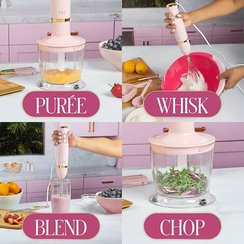 Image of Paris Hilton Hand Blender Set, 3-in-1 Immersion Blender with Whisk, Blending & Chopper Attachments, 400W High Speed, Pink with Gold Accents, Handheld Blender for Smoothies, Soups, Sauces, Cream, Pink