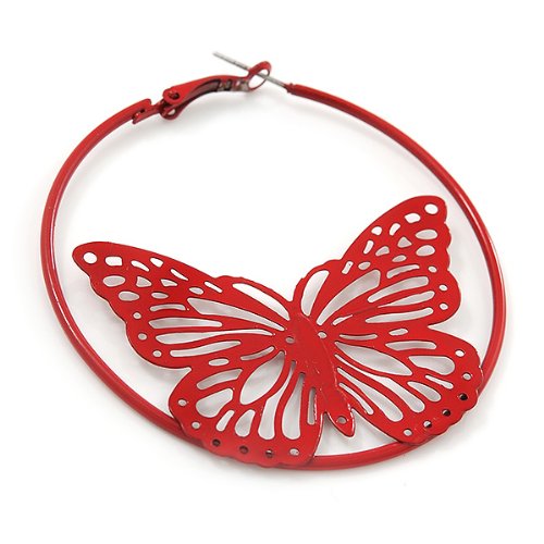 Red Filigree Butterfly Metal Hoop Earrings - 6cm Diameter3