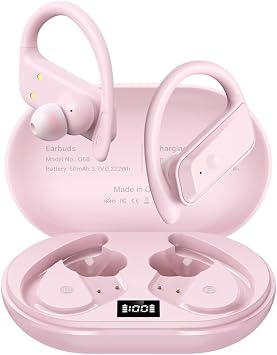 Wireless Earbuds Bluetooth 5.4 Headphones 53H Playtime Sport Earphones with LED Display,Over-Ear Buds Built in Mic in Ear Waterproof Headset for Workout Running Gaming - Pink