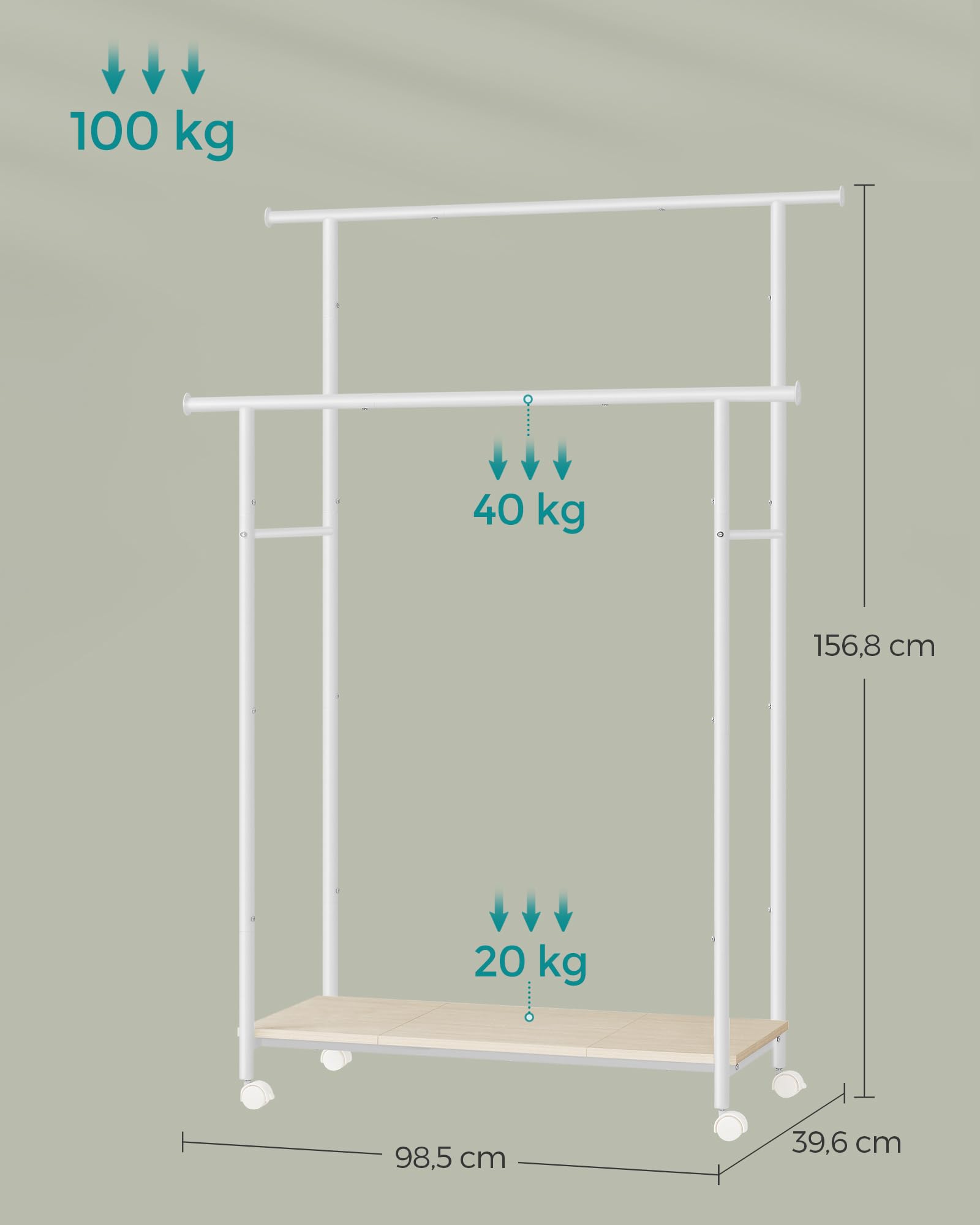 SONGMICS Wieszak na ubrania z kółkami, wieszak na ubrania z półką, podwójny wieszak, szerokość 98,5 cm, nośność całkowita 100 kg, konstrukcja stalowa, naturalny beż i chmurna biel HSR152W01