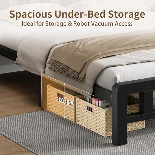 Image of Twin Size Metal Platform Bed Frame with Movable USB Charging Ports | 1500 Lbs Heavy Duty Noise-Free Steel Slats, 10 inch Under Bed Storage, Thickened Vertical Slatted Headboard, for Teens Dorm Adult