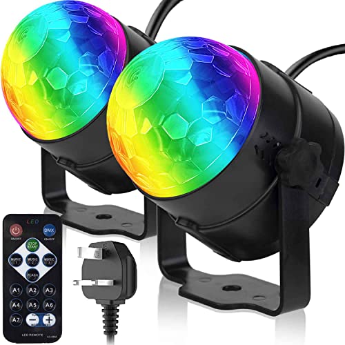 Pack of 2 Remote Control Sound Activated Party Lights Indoor UK Plug 4m(12.8ft) Power Cable Stage Stroboscopes Dj Lighting RBG Disco Ball Strobe Lamp Stage Par Light for Car Room Dance Party
