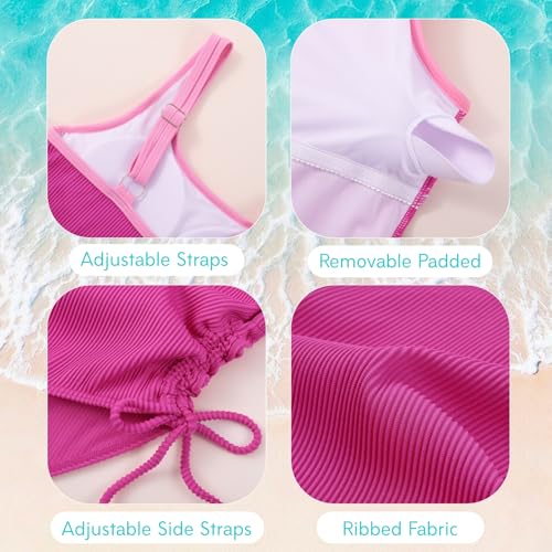 Image of Weixinbuy Girls Swimsuit Ribbed Bathing Suit for Girls Adjustable Strap Color Block Summer Beach One Piece Swimsuit