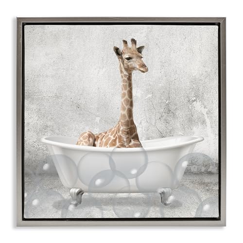 Image of Stupell Industries 'Baby Giraffe Bath Time'| Floating Frame Canvas Art | Stupell Industries | Gray, 18 x 18 Inches, Easy to Hang and Sturdy, Made in USA, by Kim Allen