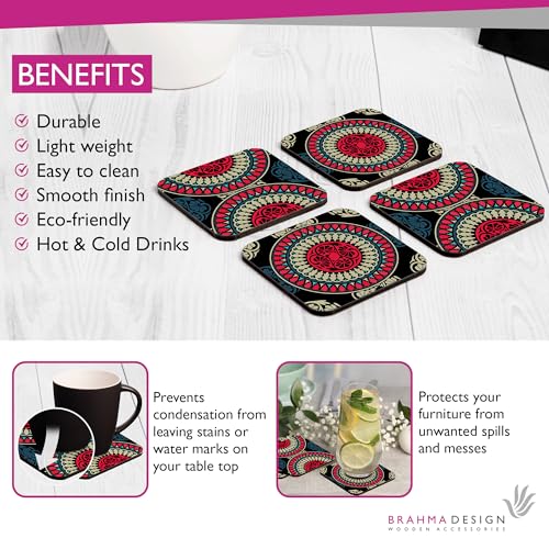 Image of Wooden Coaster Set with Gift Box | Black Mandala Design | Set of 4 Tabletop Square Coasters 3.75 inch x 3.75 inch | Kitchen Table Wooden Decorative Items | for Cups, Mugs, Cans, Glasses
