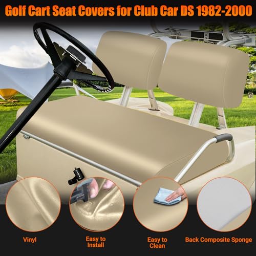 Image of Golf Cart Front Seat Covers Beige Micro Fiber Leather Seat Covers Replacement for Club Car DS 1982-2000, Staple On
