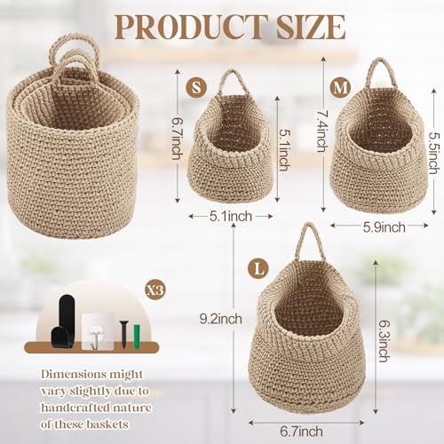 Image of Honeydak 3 Hanging Baskets, Light Linen, Barrel, Cotton Rope