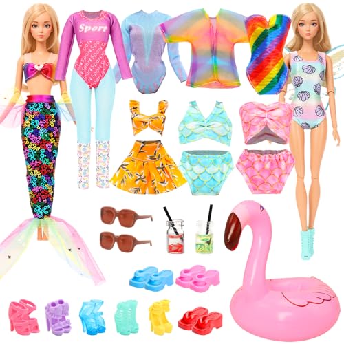 Miunana 21 Piezas para Muñecas De 11,5 Pulgadas 30 CM: 8 Trajes De Baño Bikini + 3 PCS Zapatos Planos + 5 PCS Tacones Altos + 2 PCS Gafas De Sol + 2 Botella De Bebida + Círculo De Natación Flamenco
