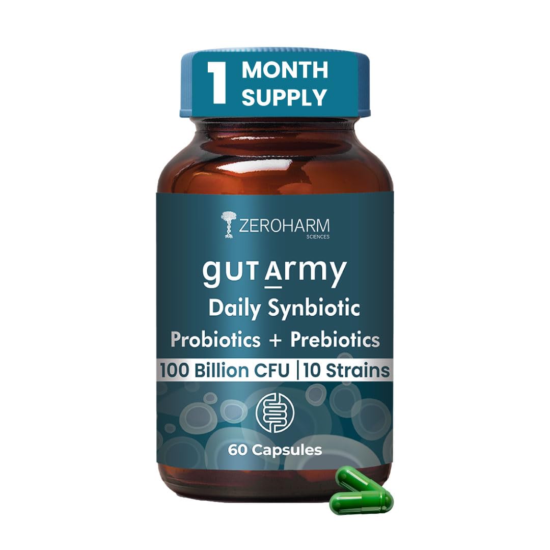 ZEROHARM Gut Army Prebiotics & Probiotics Capsules | 10 Unique Strains 100 Billion CFU with Inulin | Pre & Probiotics Supplement for Gut Health, Digestion, Colon Cleanse & Skin Care | 60 Capsules