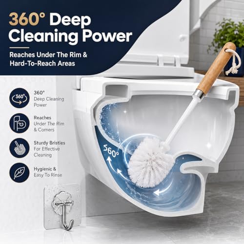 Image of ROKTRY Wooden Toilet Brush with Flower Hook,Natural Bathroom Cleaning Brush Sustainable Toilet Scrubber Modern Bathroom Accessories with Loop String for Easy Hanging for Home Bathroom Decor