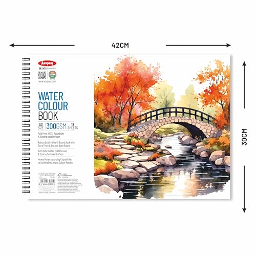 Image of Anupam Artists Watercolour Wire-O Book 300 GSM Cold Pressed A3 24 Pages for Watercolour, Gouache, Ink, Acrylic, Wet & Mixed Media, Art Painting, Drawing for Artists & Amateurs