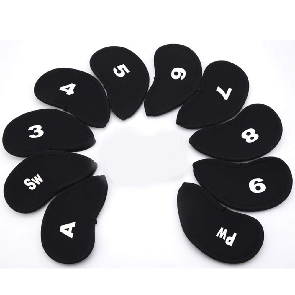 SAPPSEN Sword &Shield Sports 10Pcs Golf Head Cover Club Iron Putter Head Protector Set Neoprene Black Golf Club Head Cover Fit Most Irons