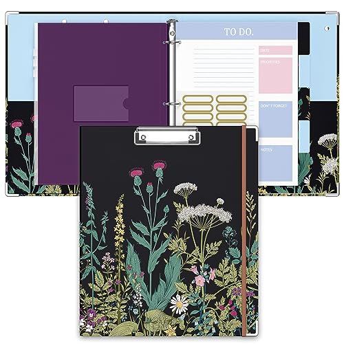Image of 3 Ring Binder, 1 Inches Round Ring Binder with Clipboard, Dividers Tabs, PVC Zipper Bag Sleeves & to Do List Planners for Women, Men, School, Office Supplies, Wild Flower
