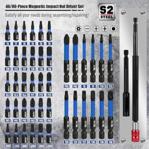 80pc Magnetic Impact Nut Driver Set, adaptery gniazda stalowego S2 i uchwyt na bity do konstrukcji warsztatu garażowego DIY, trwałe pudełko do przechowywania