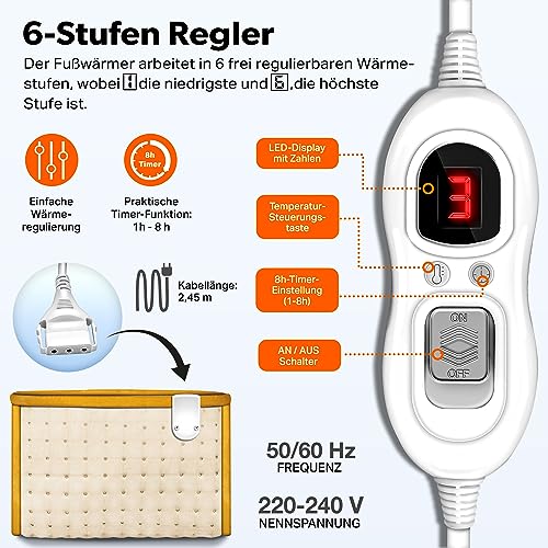 sinnlein Fußwärmer mit 6 Temperaturstufen & Timer | Fußheizung elektrisch | Überhitzungsschutz & Abschaltautomatik (Beige) – Bild 4