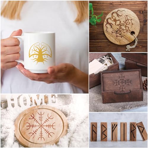 60pcs Runes Stencils for Painting on Wood Burning Patterns Tree of Life Stencils Nature Stencil Tree Paint Template on Art Craft Canvas Wall Fabric Rock (60runes)