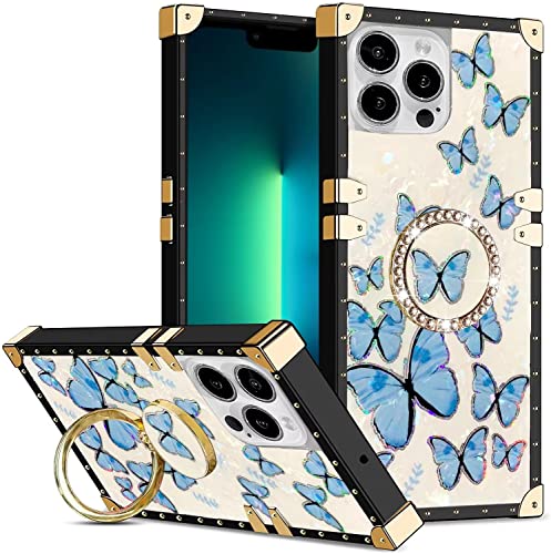 Didan Quadrato Rivetto Cover per iPhone XR Custodia Anello del Cavalletto Funzione Elegante Farfalla Antiurto Silicone Flessibile Case per Ragazze Donne,Blu