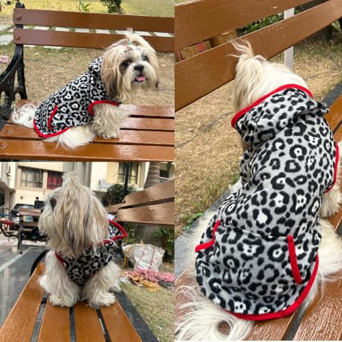 Image of Lulala Dog Hoodie Fuzzy Dog Sweater with Leash Hole and Pocket Warm Soft Cozy Hooded Sweatshirt Fleece for Small Dog & Cat (Black, Grey-10Inch)
