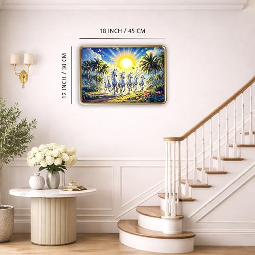 Image of XOPY Seven Running Horses Canvas with Golden Frame | Vastu 7 horses Raw Pyrite Painting for Home, Office & Living Room Wall Decore | 12X18 Inch Sparkle Laminated Frame | Best For Gifting (53327, 12X18)