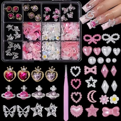 3D Multi Shapes Nails Charms Gems Set, Star Heart Planet Butterfly Nail Rhinetones Charms, Flowers Bows Hollow Star Moon Pearls Acrylic Nail Art Charms for Manicure DIY Crafts Jewel Accessories Cover