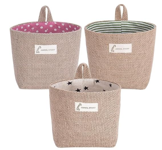Fahibin 3Pcs Algodón Lino Cesta Plegable, Cesta de Lino con asa, algodón de Lino Colgante Bolsa de Almacenamiento para Juguetes, Maquillaje u Objetos Pequeños