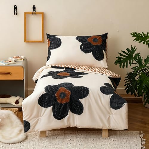 Image of Wellboo Floral Toddler Bedding Sets for Girls Boys White and Black Botanical 4 Pieces Soft Crib Bed Set Including Comforter, Sheets and Pillowcase Kids Black Sunflower Quilt Watercolor Bohemian Bed