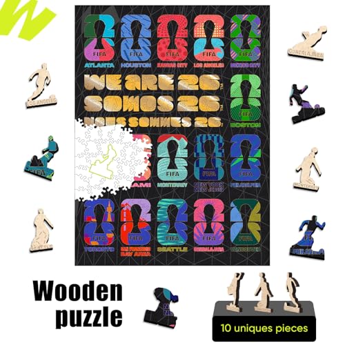 Image of FIFA World Cup 2026 Wooden Jigsaw-Puzzle,Gift for Soccer Fan-Host Cities | Official Licensed,5MM Thick Soccer puzzles,Long-Lasting Display sports memorabilia collector,300 Pieces Irregular Shape