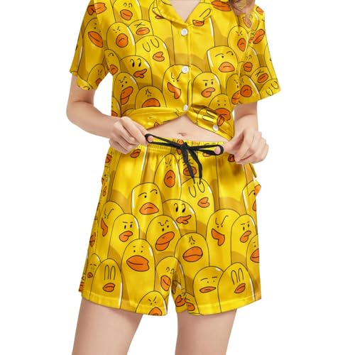 Image of Silk Satin Pajama Set for Women Summer Lounge Pjs Sets 2 Piece Suit Ladies Button Down Tops And Shorts Sleepwear