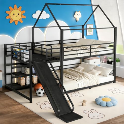 Image of Bellemave Metal Bunk beds Full Over Full with Slide and Storage Stairs, House Floor bunk Bed with guardrail for Kids,Black