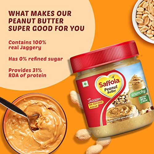 Image of Saffola Oodles, Instant Noodles, Ring Shape, Yummy Masala Flavour, No Maida, Whole Grain Oats, 12 x 53g & Saffola Peanut Butter with jaggery, No Refined Sugar, Crunchy, 23.4g Protein, 350g Jar