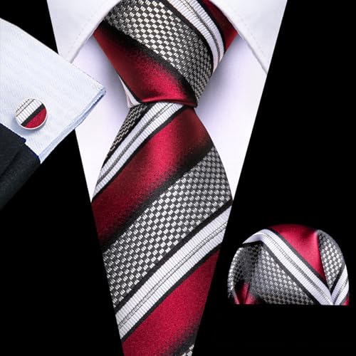 Image of Barry.Wang Man Stripe Ties Set Silk Woven Pocket Square Necktie Cufflinks Formal Party Business