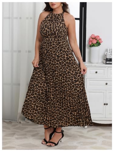 Image of Floerns Women's Plus Size Boho Sleeveless Halter Neck Tie Back A Line Long Dress