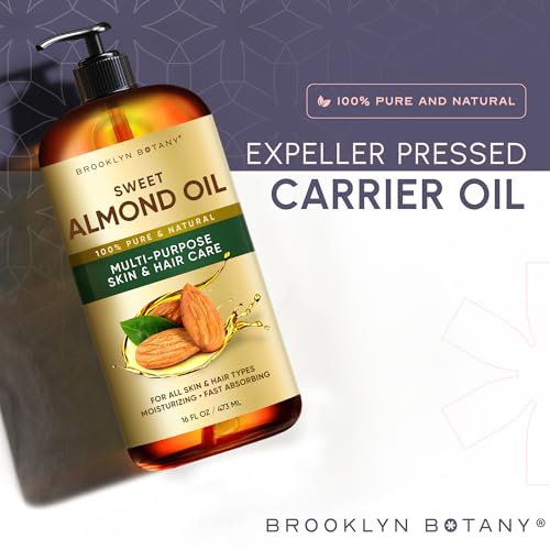 Image of Brooklyn Botany Sweet Almond Oil | 16 Fl Oz | Hair | Face | Body | 100% Pure and Natural | Carrier Oil | Aromatherapy | Massage | Ayurvedic Hair Care | Hexane-Free