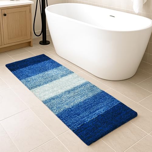 Image of Pano Textured Striped Runner Rug 45x130 cm Blue | Anti-Skid, Super Soft & Ultra Absorbent Floor Runner | Quick Dry & Washable Runner for Bathroom, Kitchen, Bedroom & Living Room