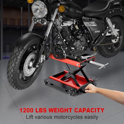 Image of CXRCY1200 LBS Motorcycle Jack with Dolly, Motorcycle Lift Scissor Jack Upgraded Dirt Bike ATV Steel Motorcycle Hoist Stand with Ratchet Wrench,Crank Handle,Thickened Rubber Pad,Wide Deck