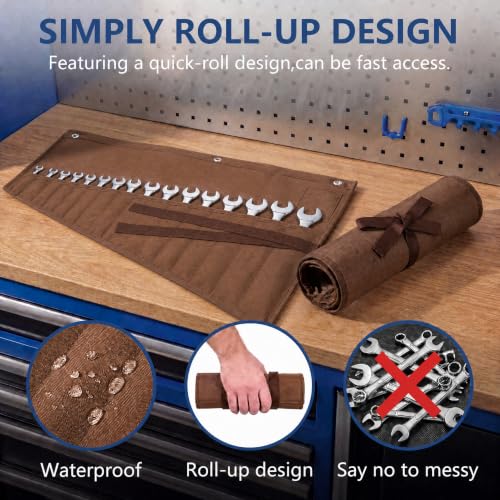 Image of Wrench Roll Up Pouch,16-Pocket Heavy Duty Roll Up Tool Bag,Sturdy Waterproof Oxford Fabric with 3 Rings for Wrenches,Screwdrivers,Hand Tools Storage,Portable Wrench Organizer for Mechanics(Brown)