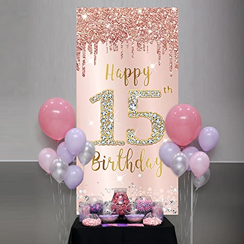 Image of Happy 15th Birthday Door Banner Decorations for Girls, Pink Rose Gold 15 Birthday Party Backdrop Door Cover Sign Supplies, Fifteen Year Old Birthday Poster Background Decor