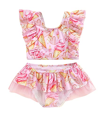 stylesilove Toddler Kid Girls Ice Cream Printed Ruffle 2pcs Bikini Set Flutter Tankini Swimsuit Bathing Suit Beach Swimwear