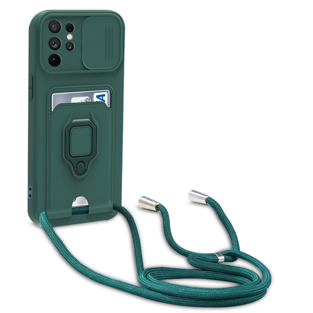 Protección de Cámara Funda Compatible con Samsung Galaxy S23 Ultra, con Anillo Soporte, Ajustable Collar Correa de Cuello Cordón Carcasa de Silicona-Verde Oscuro
