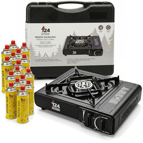 T24 Gaskocher Set inkl. 16x Gaskartuschen 227g & Koffer | Mobiler Campingkocher mit Piezo-Zündung & Flammenschutz | Tragbarer Butangas Kocher für Camping Outdoor & Notfall | Schwarz Matt