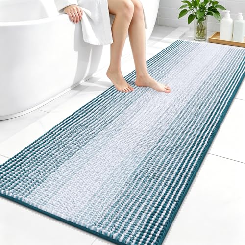 Image of OLANLY Bathroom Runner Rugs 59x24, Extra Soft Absorbent Chenille Striped Bath Rugs, Rubber Backing, Machine Wash Dry, Long Bath Mats for Bathroom, Tub, Shower, Home Decor Accessories, Peacock Blue