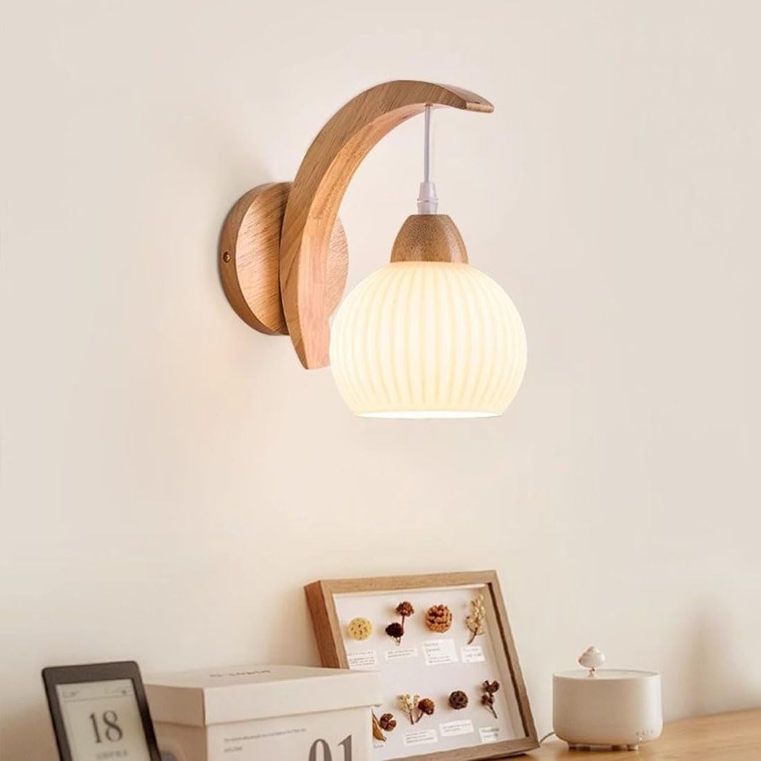 Applique Moderne con Paralume in Vetro, Stile Industriale, con Base in Legno, Ideali per Camera da Letto, Soggiorno, Scale, corridoi e soppalchi adibiti a Sala da Pranzo (Cachi)