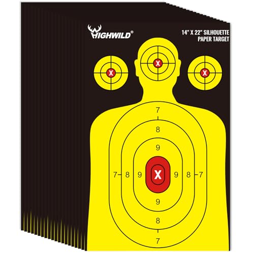 Highwild Shooting Range Silhouette Paper Target 50 Pack - 14X22 Inches - Suitable for Handguns, Rifles, Airguns, BB Guns (Black & Yellow)