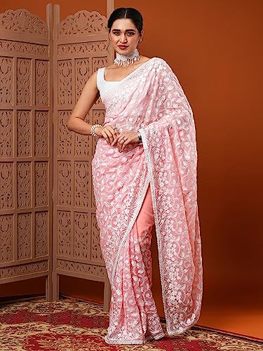 Image of AKHILAM Women's Botanical Embroidered Designer Organza Saree With Unstitched Blouse Piece (7KAVI701)