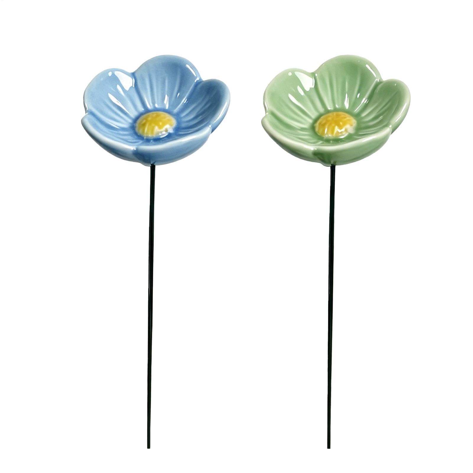 2PC Flower Bee Watering Station | 27cm Ceramic Bird Bath for Garden | Flowers Bee Drinking Cups for Garden Stake | Butterfly Bird Watering Feeder Station Flowerpot Accessories for Outdoor Yard Decor