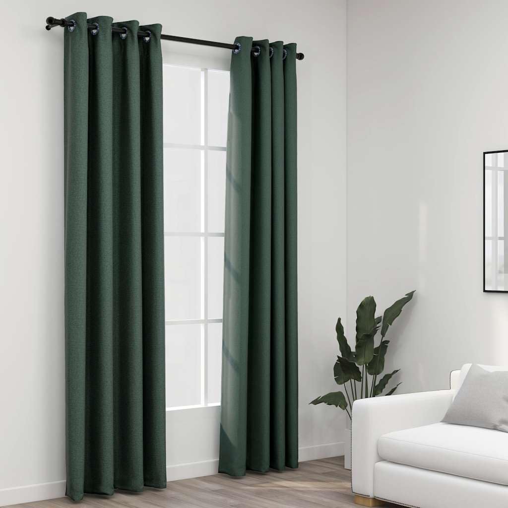 Verdunkelungsvorhänge Ösen Leinenoptik 140x225 cm, 2er-Set Grün, Blickdicht für Wohnzimmer, Schlafzimmer, Büro